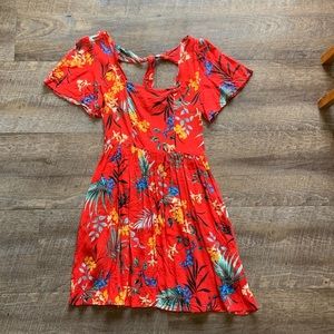 Band of Gypsies Bright Coral‎ Red Floral Mini Dress Short Sleeves